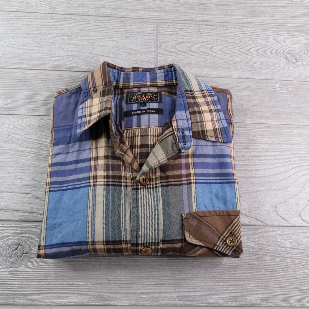 Beams Plus Plaid Flannel Shirt Men's L Blue Brown Patchwork Made Japan